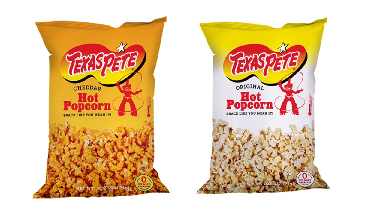 Texas Pete® Cheddar Hot and Texas Pete® Original Hot Popcorn.