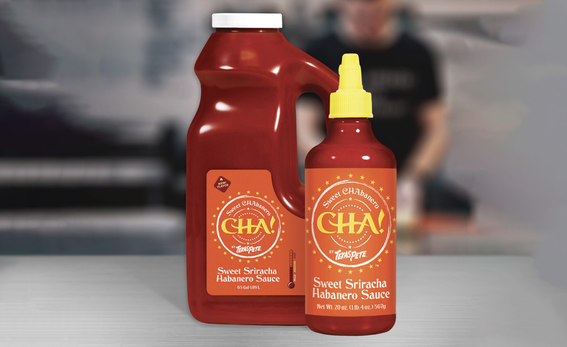 Texas Pete® Sweet Chabanero Sriracha Sauce is available in ½ gallon jugs or 18 oz. Squeeze bottles.