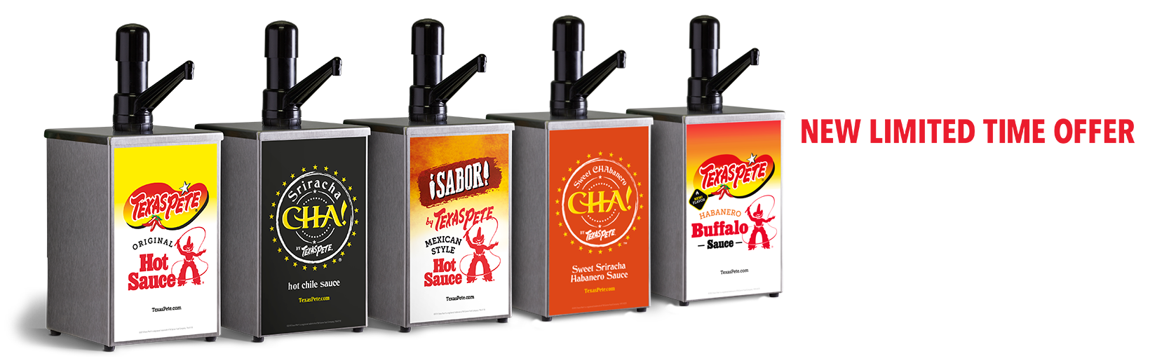 5 Texas Pete half-gallon dispensers