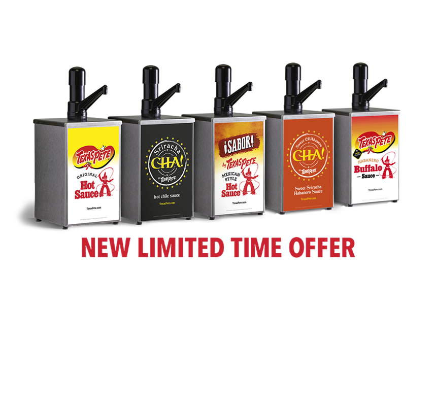 5 Texas Pete half-gallon dispensers